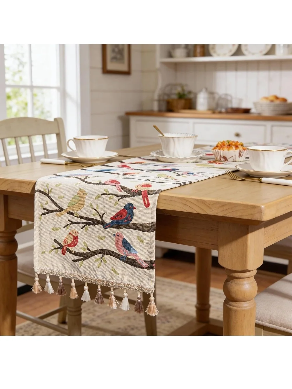 Decorative Bird Print Table Runner with Tassels - Cream Multicolor